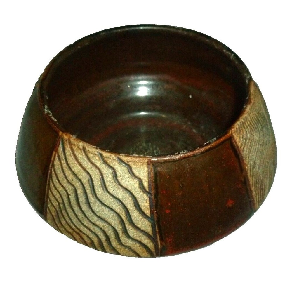 Rasmussen Earth Tones Studio Pottery 7" Vase Bowl Sgraffito Abstract Brutalist